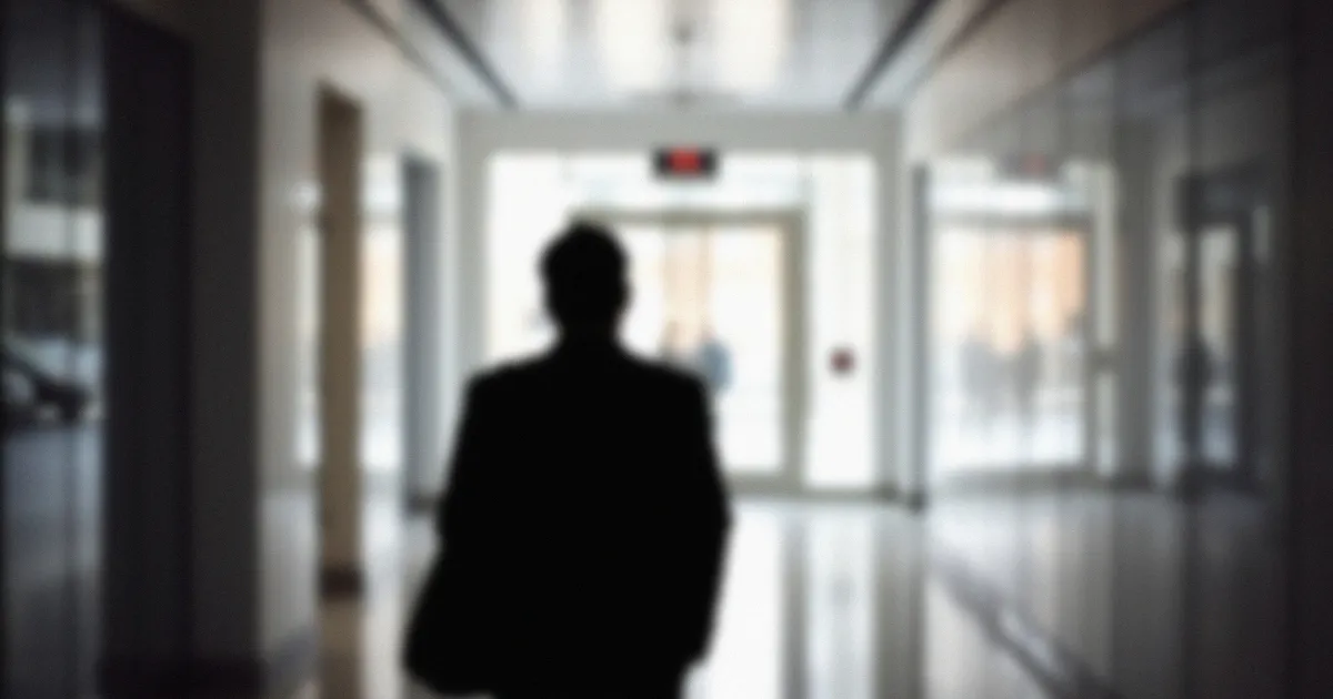 人間関係に疲弊し、会社を辞めて一人、オフィスの出口へと向かう男性の寂しげな後ろ姿のシルエット