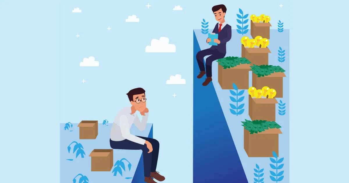 喜ぶ男性と、落ち込んでいる男性。
この記事のテーマである、年収ダウンしても転職してよかったと思う人、思えない人の感情を表している