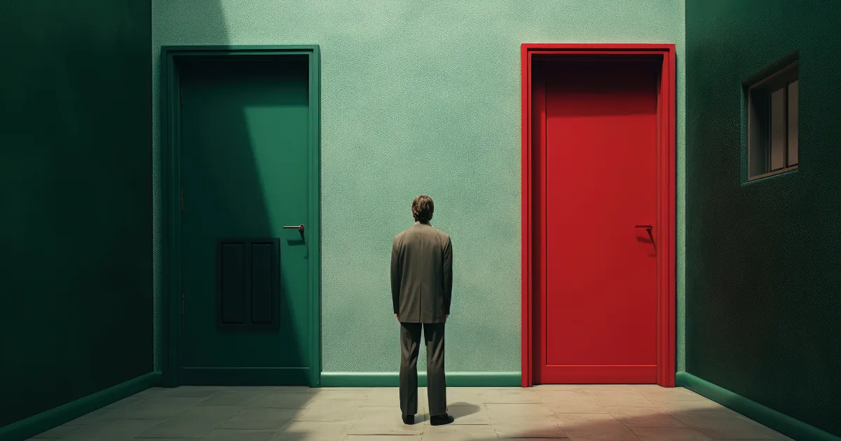 扉の前てたたずみ迷う男性。退職代行業者の選び方について迷い、どの扉を開けるべきか悩んでいる