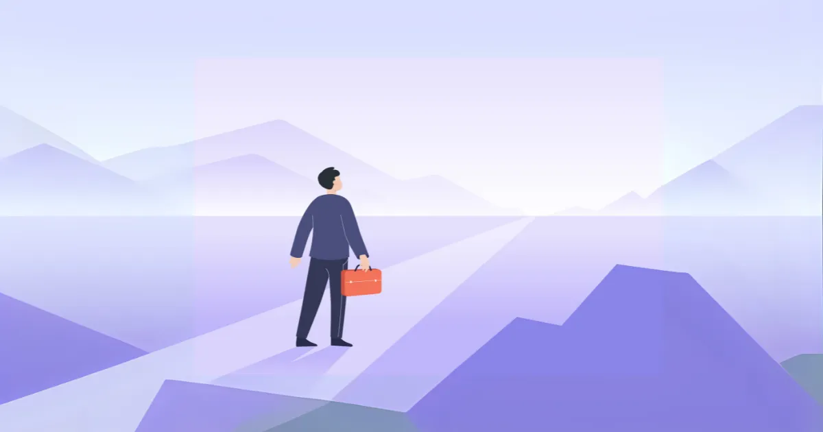 鞄を持った会社員の男性が、退職代行という選択肢を見つけ希望に向かって歩き出している