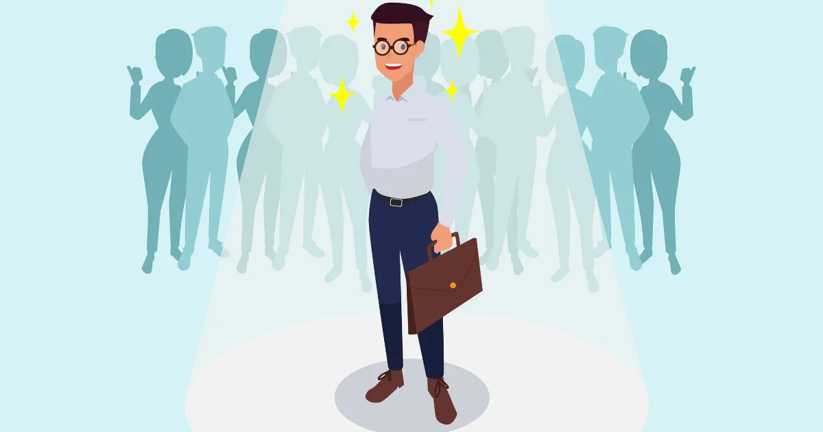 背後の煩わしい人間関係の集団から抜け出し、自分らしく輝ける仕事を見つけてスポットライトを浴びている男性のイラスト