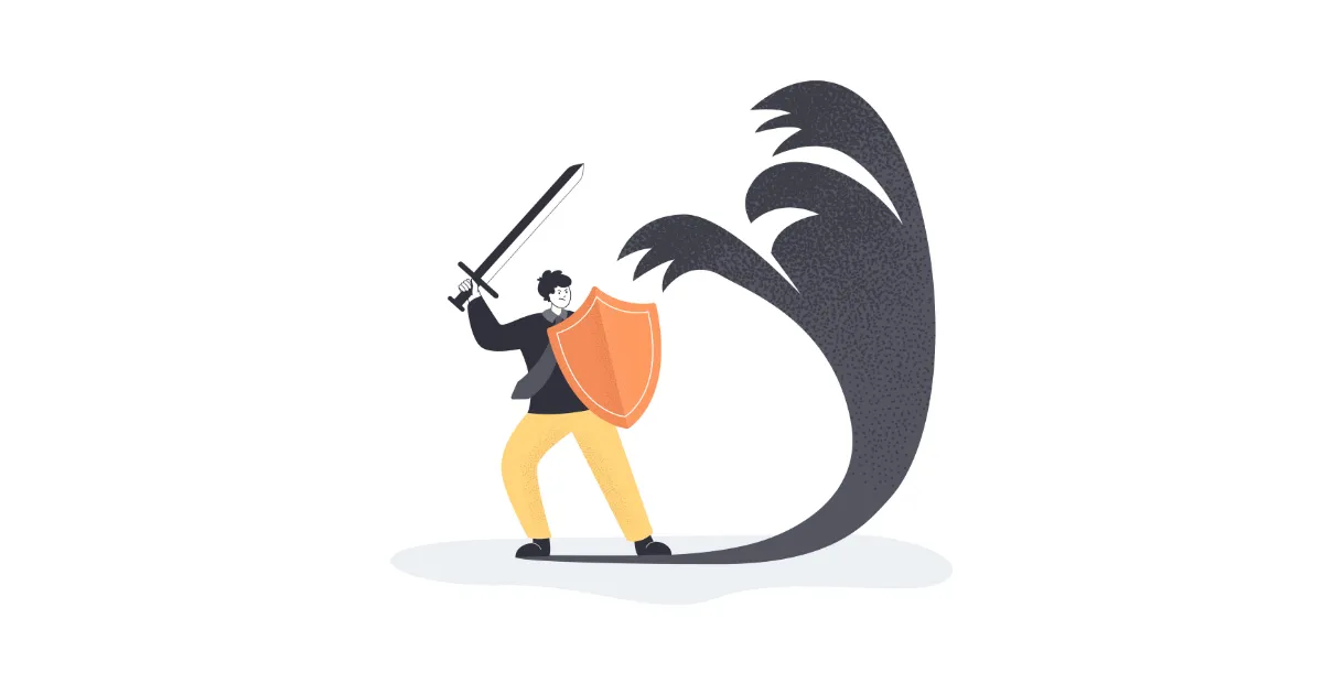 会社という敵から法律という盾と剣を持って身を守っている男性の画像