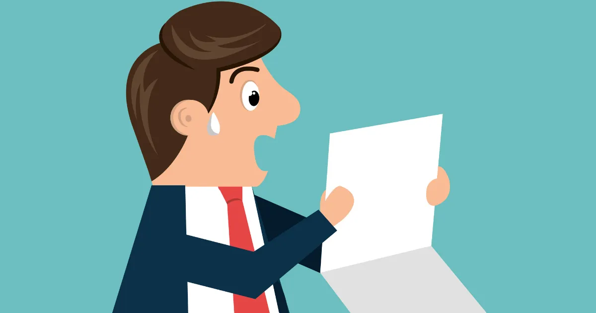 退職後に届いた高すぎる住民税の納付書を見て、驚きとパニックで顔面蒼白になる男性のイラスト。