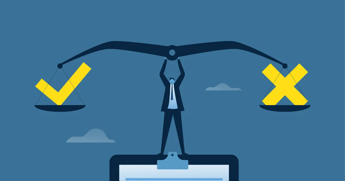 イエスとノーを天秤にかけている男性。非弁行為についてのセクションの始まりを示している