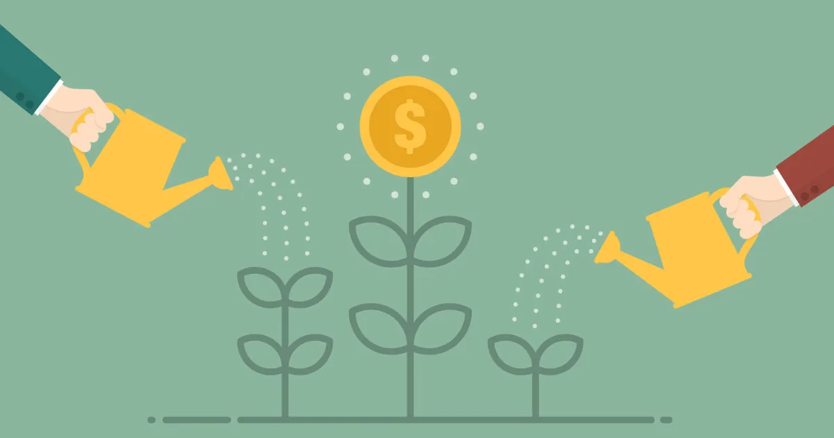 水やりをして、お金の花が咲いている。副業webライターとして経験を積んでコツコツ単価を上げていく努力をモチーフにしている