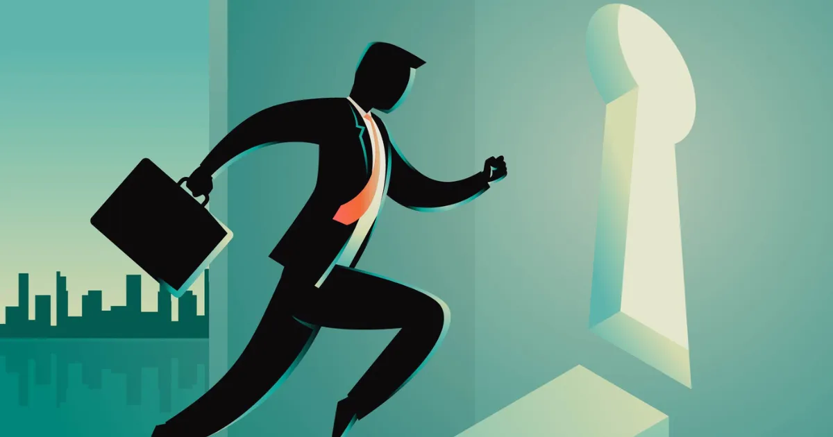 階段を駆け上がり出口に向かう会社員の男性。副業を始める7ステップのセクションを表している