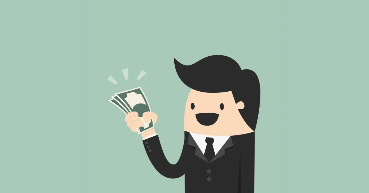 手にお札を数枚握り、笑顔の男性のイラスト。確定申告で還付されたお金を受け取り、喜んでいる