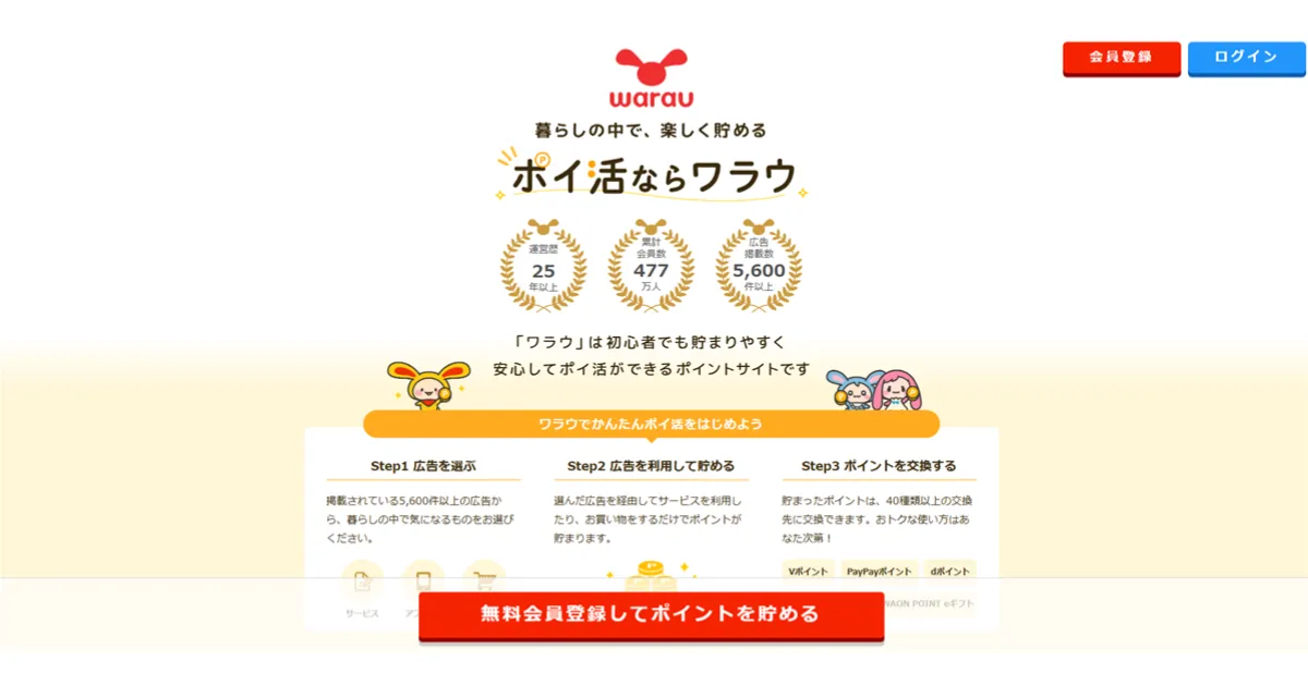 ポイ活ならワラウ - 初心者でも貯まりやすいポイントサイト|ワラウ公式サイトのトップページのスクリーンショット画像
