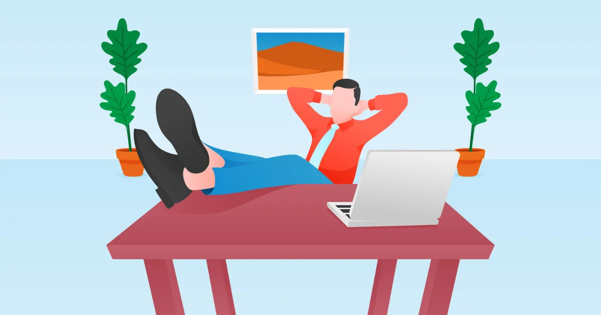デスクに足を載せ、リラックスしながらパソコンを眺める男性のイラスト。確定申告を楽にする方法を実践し余裕ができている