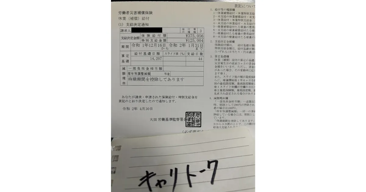 大田労働基準監督署から届いた合計50万円の労災支給決定通知書（休業補償給付）と「キャリトーク」の手書きメモ
