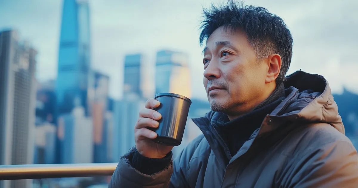 退職代行を利用して地獄のような職場から解放され、静かにコーヒーを飲みながら安堵の表情を浮かべる男性