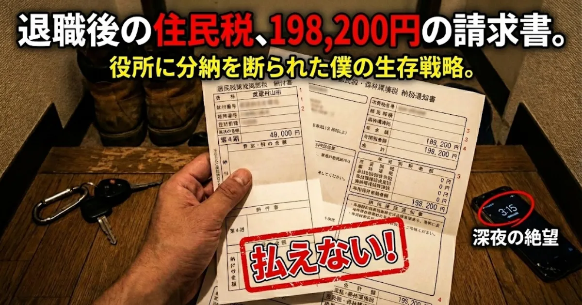 退職後、住民税19万8200円の通知書を前に「払えない」と絶望する深夜の玄関。役所に分納を断られた実体験記事のアイキャッチ。