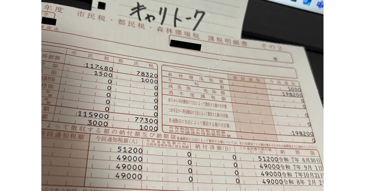 令和7年度住民税の課税明細書。第1期から第3期までの納付済額（51,200円、49,000円、49,000円）と、年税額198,200円の内訳が記載された実物写真。