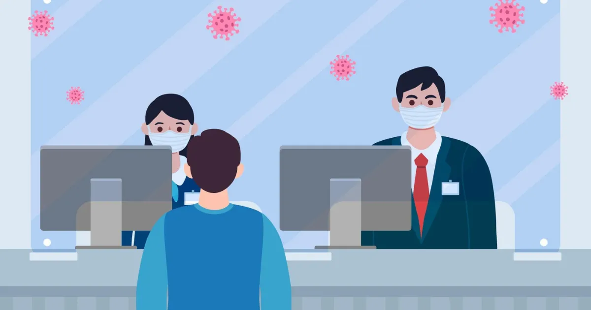 新型コロナウイルス対策としてマスクをした職員がいる、役所の窓口で住民税の支払い対処法を相談している男性のイラスト。