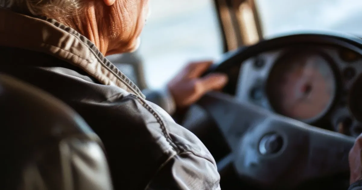 後ろ姿のシニア男性が車のハンドルを握り、運転している様子。