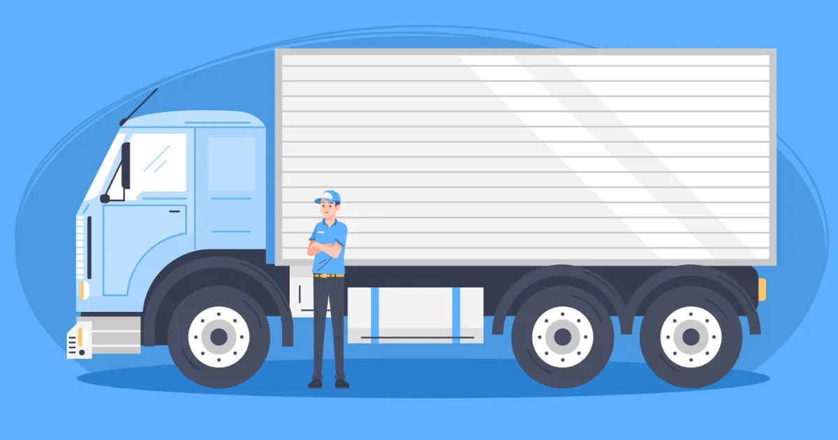 青い制服を着た男性ドライバーが、大型トラックの横で腕を組み立っているイラスト。