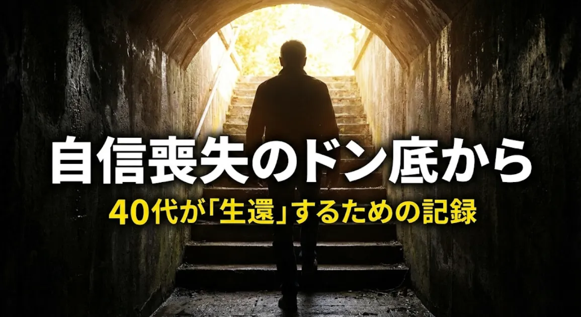 暗いトンネルから出口の光に向かって階段を上る男性の後ろ姿。「自信喪失のドン底から」という白い文字と、「40代が『生還』するための記録」という黄色い文字が配置され、絶望からの脱出を表現したアイキャッチ画像。