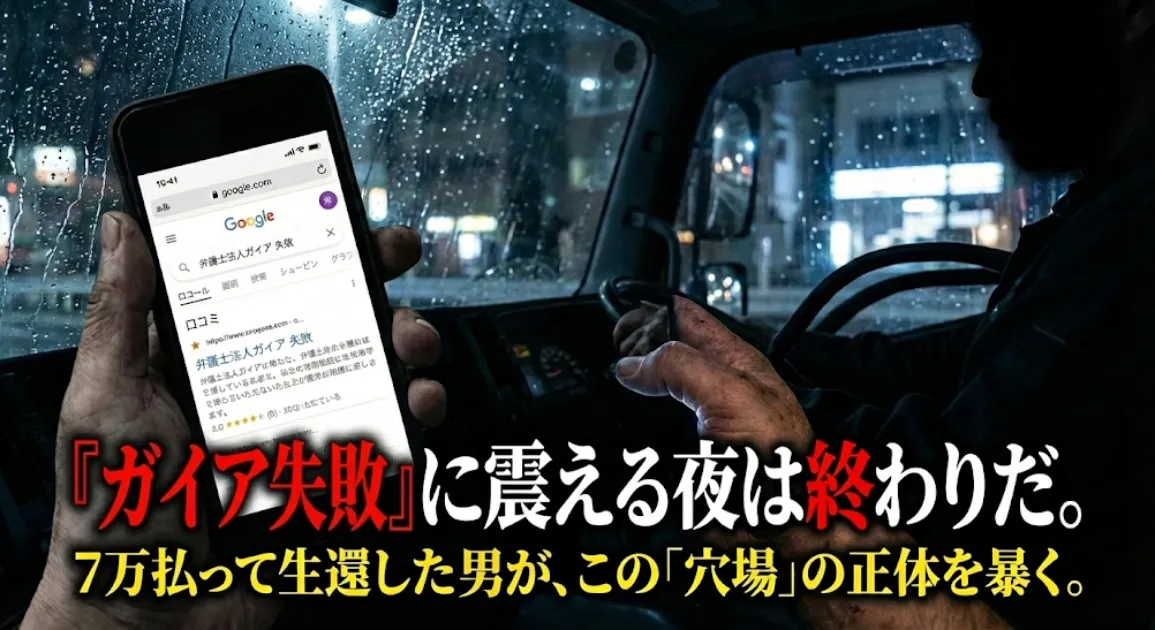 深夜のトラック車内でスマホの検索画面「弁護士法人ガイア 失敗」を見つめる男性のシルエット。「『ガイア失敗』検索に震える夜は終わりだ。7万払って生還した男が、この『穴場』の正体を暴く。」というテキストが重なっている。