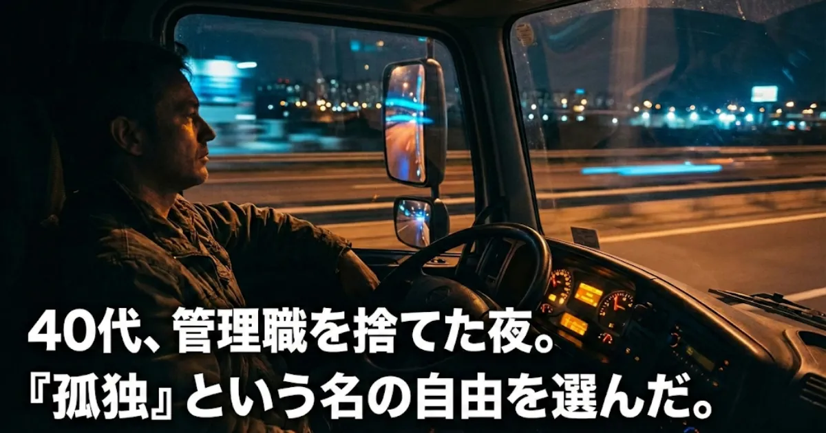 深夜の国道を走るトラックの運転席でハンドルを握る40代男性。サイドミラーに夜の街灯が映り込む。画像内のテキストは『40代、管理職を捨てた夜。『孤独』という名の自由を選んだ。』。転職7回、自己破産を経て、管理職という監獄を脱出し、派遣ドライバーとして人生を再起動させた男の『最後の砦』としての決意を表現している。"