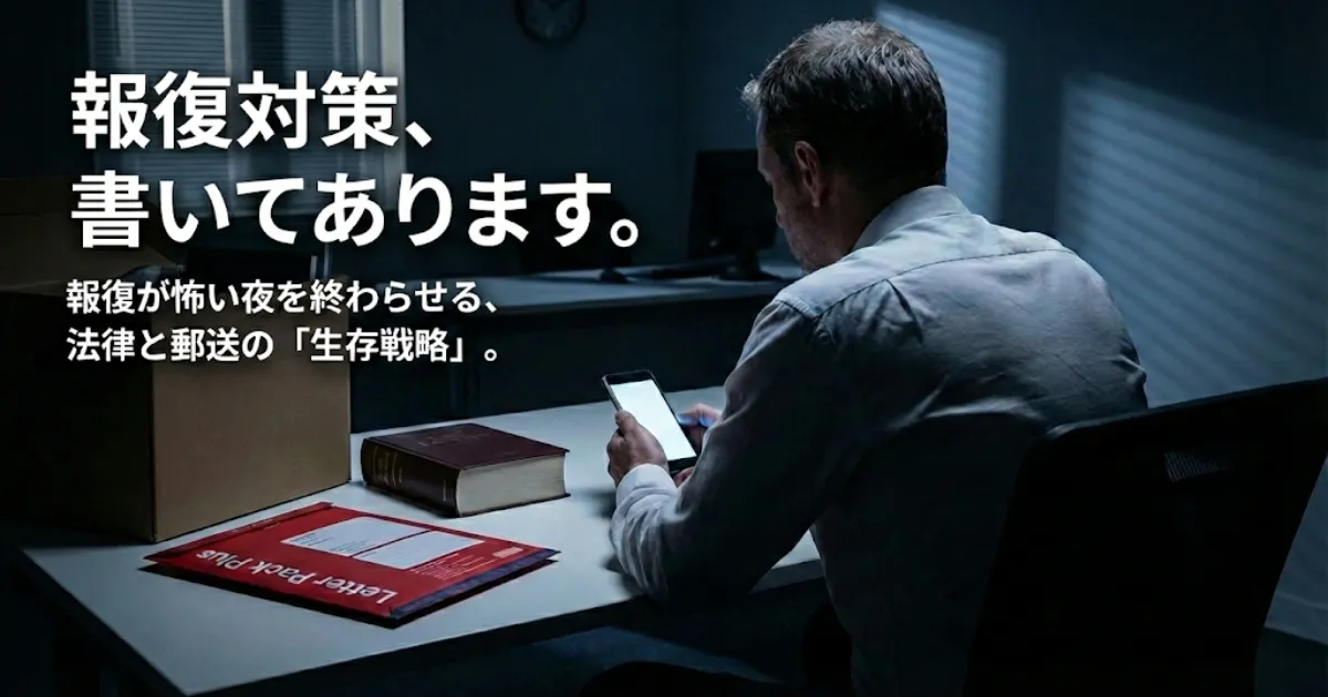 alt="退職代行の報復対策記事のアイキャッチ。深夜の暗いオフィスで不安げにスマホを見る中年男性の後ろ姿と、机の上に置かれたレターパックプラスと厚い法律書。「報復対策、書いてあります。」という力強いメッセージが添えられている。"