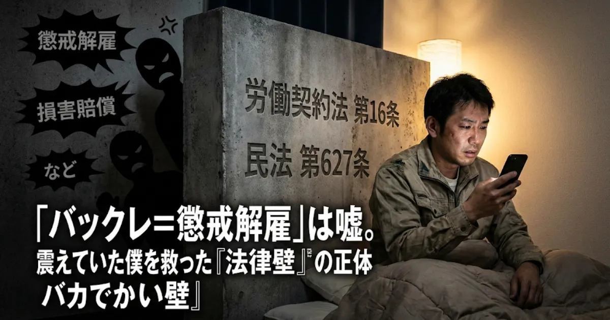 退職代行やバックレ後の懲戒解雇に怯える男性が、労働契約法16条と民法627条という「バカでかい壁」に守られているイメージ画像