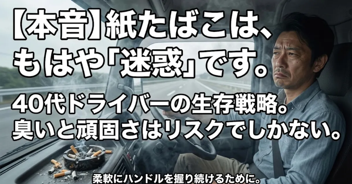 トラックの運転席で、山盛りの吸い殻が入った灰皿の煙に包まれる困惑した表情の40代男性ドライバー。画像上部には「【本音】紙たばこは、もはや「迷惑」です。40代ドライバーの生存戦略。臭いと頑固さはリスクでしかない。」というメッセージの日本語テキスト。柔軟にハンドルを握り続けるためのリスク回避を伝える、ブログ「キャリトーク」のアイキャッチ画像。